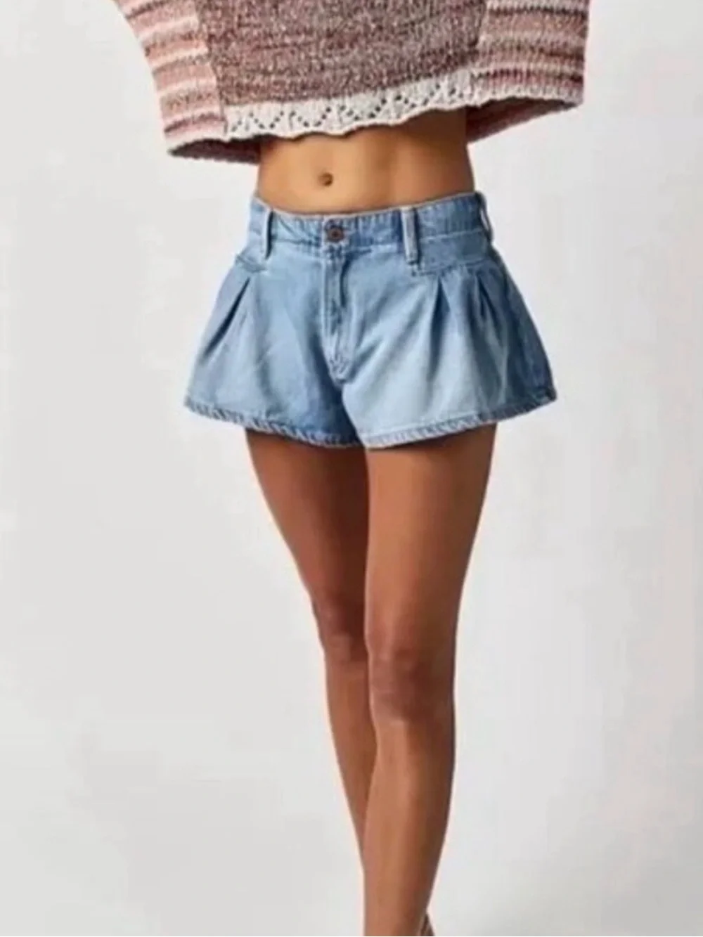 We The Free Light Blue Bell Pleated Denim Shorts